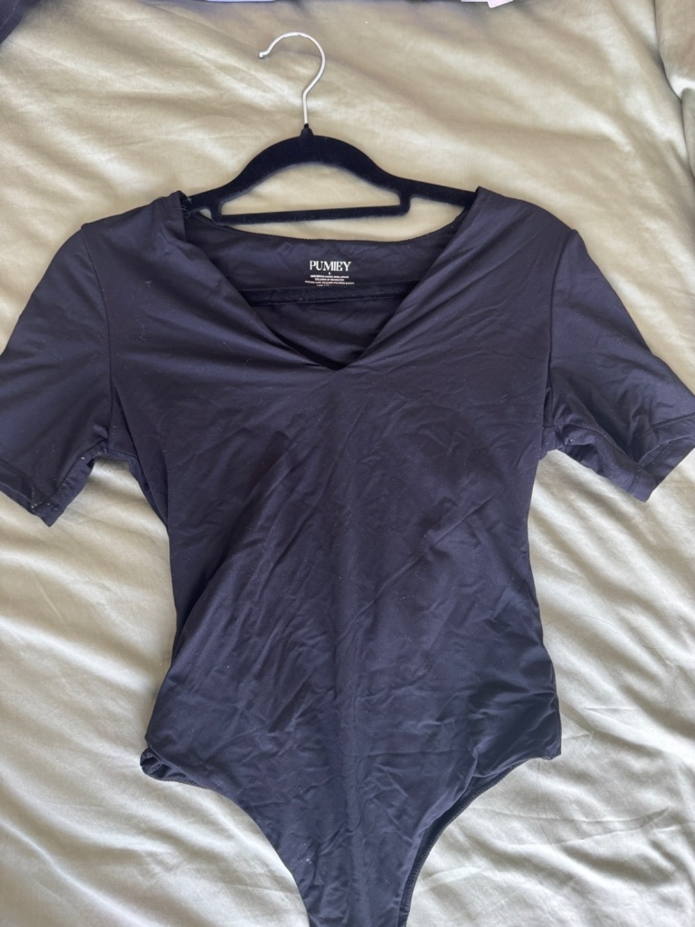Pumiey Black Short Sleeve V-Neck Bodysuit